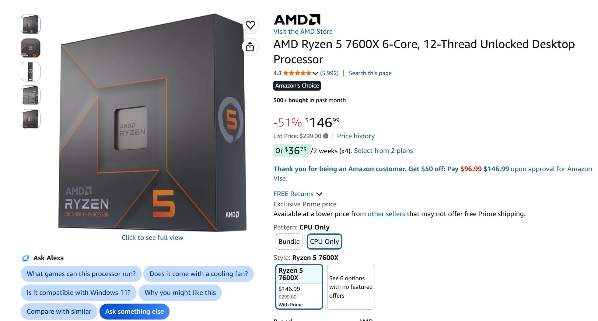 AMD Ryzen 5 7600X 6-Core, 12-Thread Unlocked Desktop Processor is listed for $146.99 with a -51% discount on a product page displaying its packaging and details.