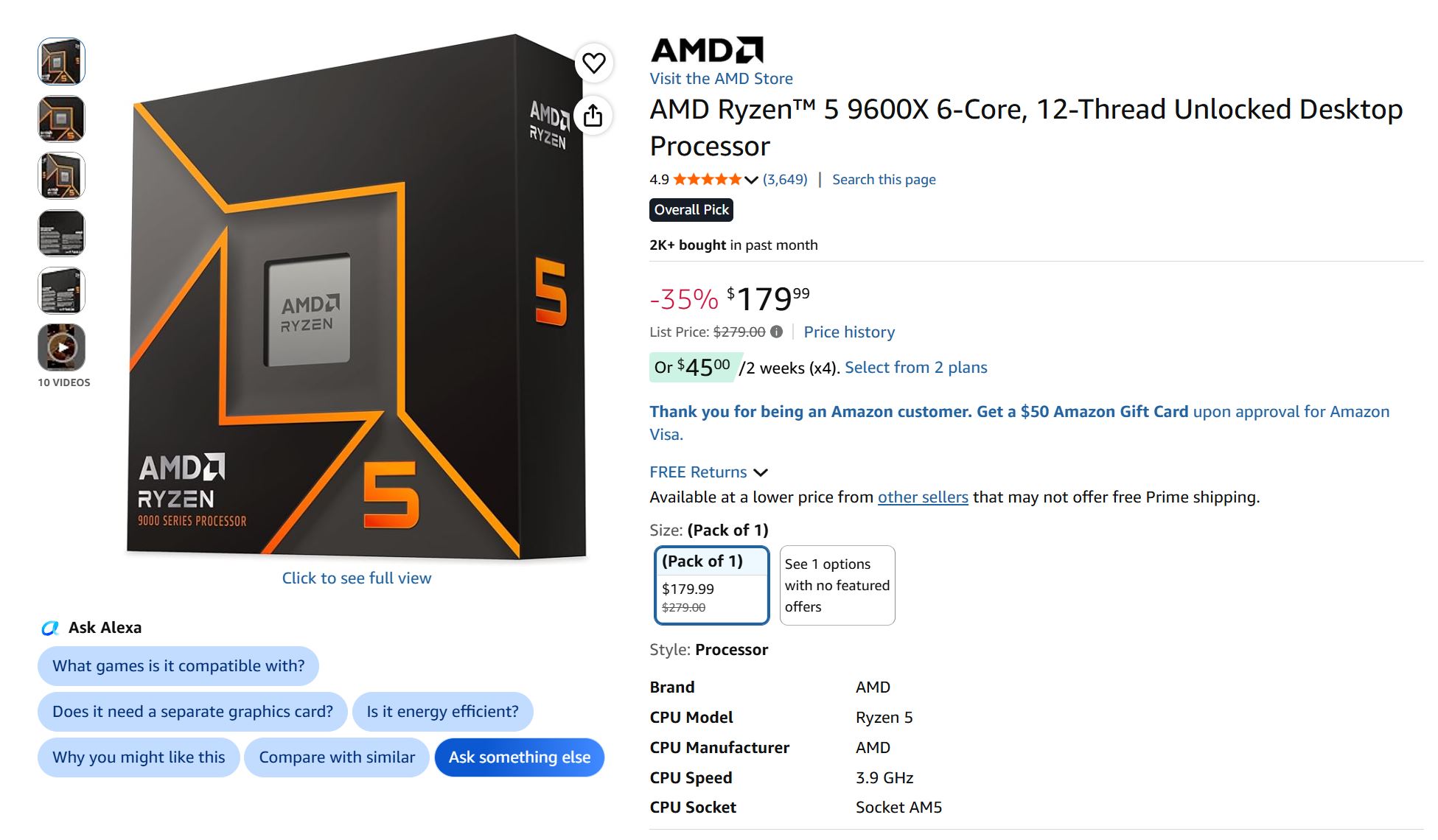 AMD Ryzen 5 9600X 6-Core, 12-Thread unlocked desktop processor visible on an Amazon page, priced at $179.99, showing a 35% discount from the original price of $279.00.