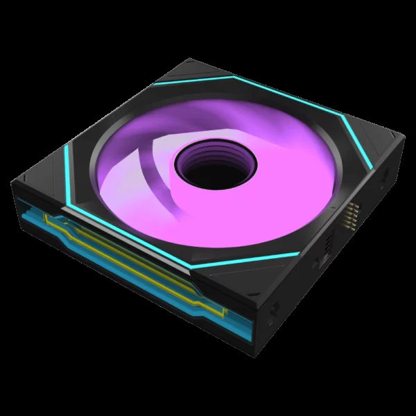A futuristic, unbranded cooling fan with a glowing purple LED and angular design.