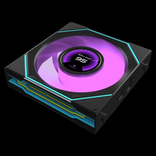 A close-up of a cooling device with purple LED lighting displaying 'GPU Load 95%'.