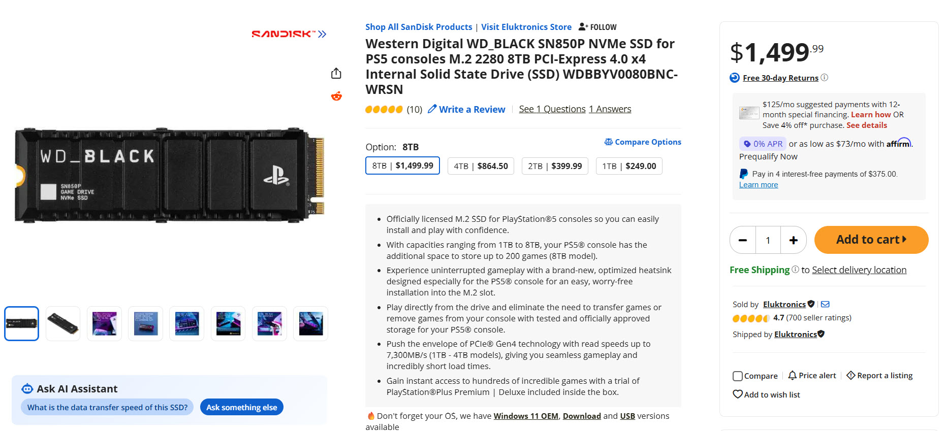The image shows a WD_BLACK SN850P NVMe SSD for PS5 consoles alongside product details, including an 8TB option priced at $1,499.99, and features like PCI-Express 4.0 x4 compatibility and 7,300MB/s read speeds.