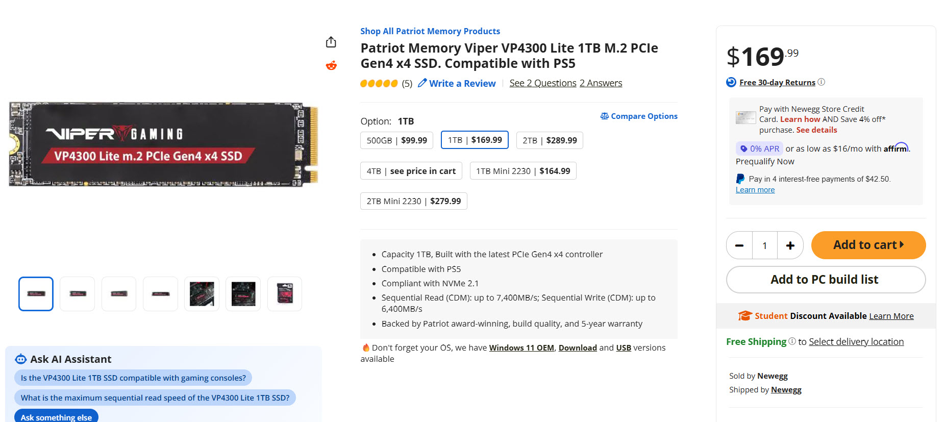 A Patriot Memory Viper VP4300 Lite 1TB M.2 PCIe Gen4 x4 SSD is listed on Newegg priced at $169.99, marked as compatible with PS5 and compliant with NVMe 2.1, offering up to 7,400MB/s sequential read and 6,400MB/s write speeds.