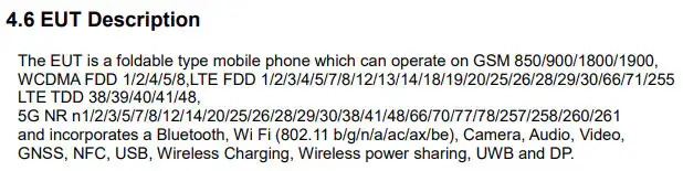 A text document titled '4.6 EUT Description' details specifications of a foldable mobile phone, including its network support (GSM, WCDMA, LTE, 5G), and features like Bluetooth, Wi-Fi, camera, audio, video, GNSS, NFC, USB, wireless charging, and UWB.