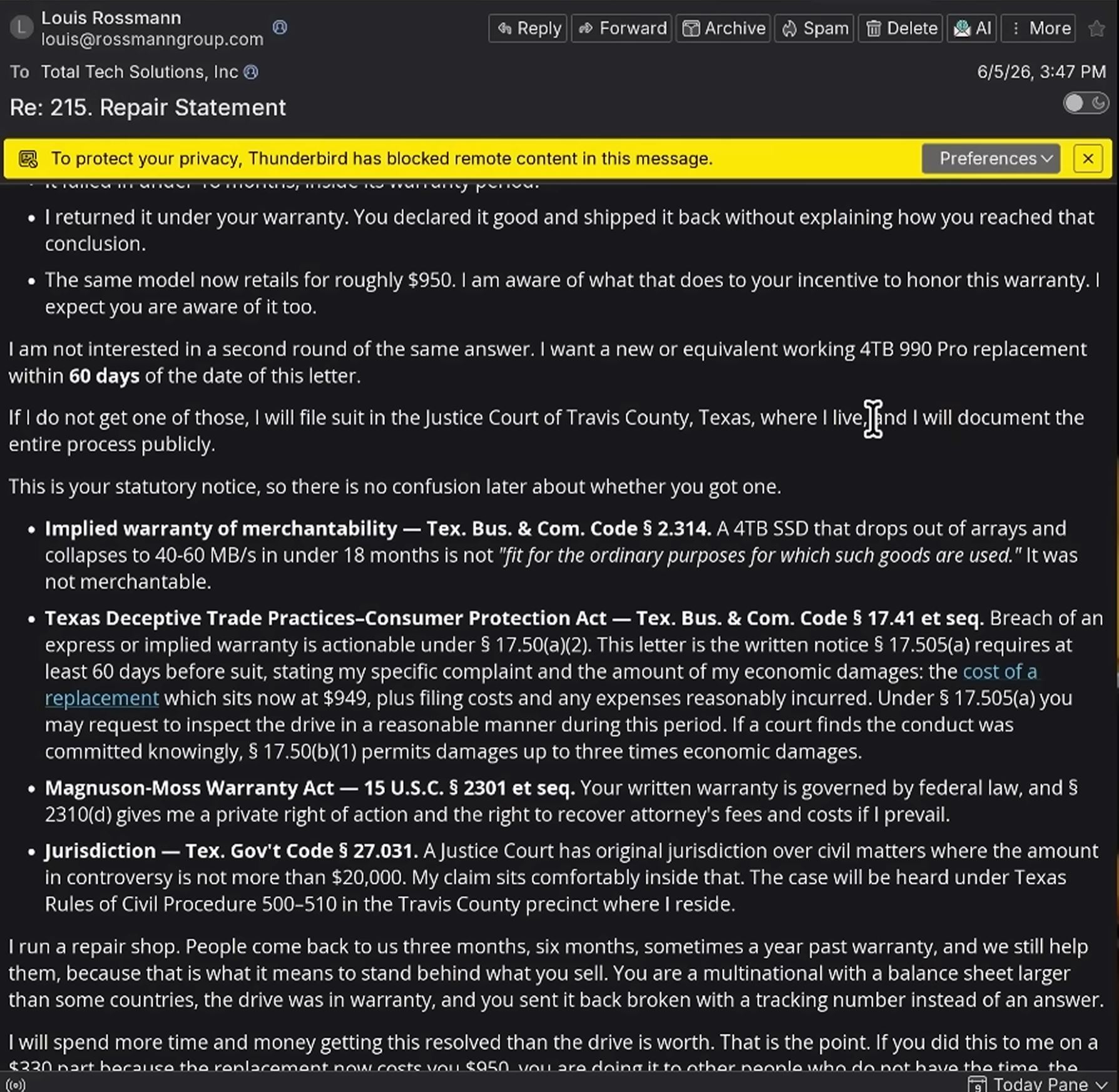 A screenshot of an email titled Re: 215. Repair Statement from Louis Rossmann to Total Tech Solutions, Inc., discussing the return and replacement of a faulty 4TB 990 Pro SSD under warranty within 60 days.