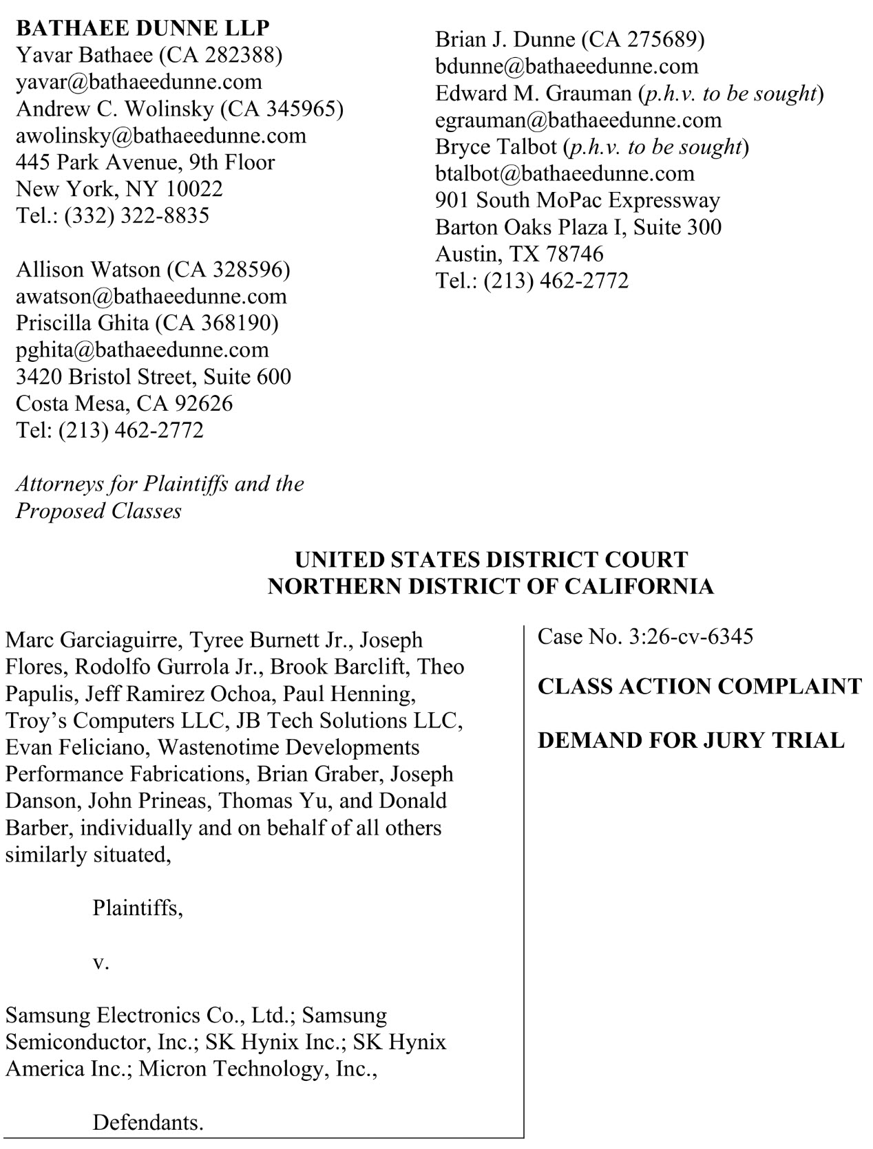 A document lists Bathaee Dunne LLP attorneys and their contact information, detailing a class action complaint filed in the United States District Court, Northern District of California, against Samsung Electronics and other tech companies, with 'Case No. 3:26-cv-6345' prominently displayed.
