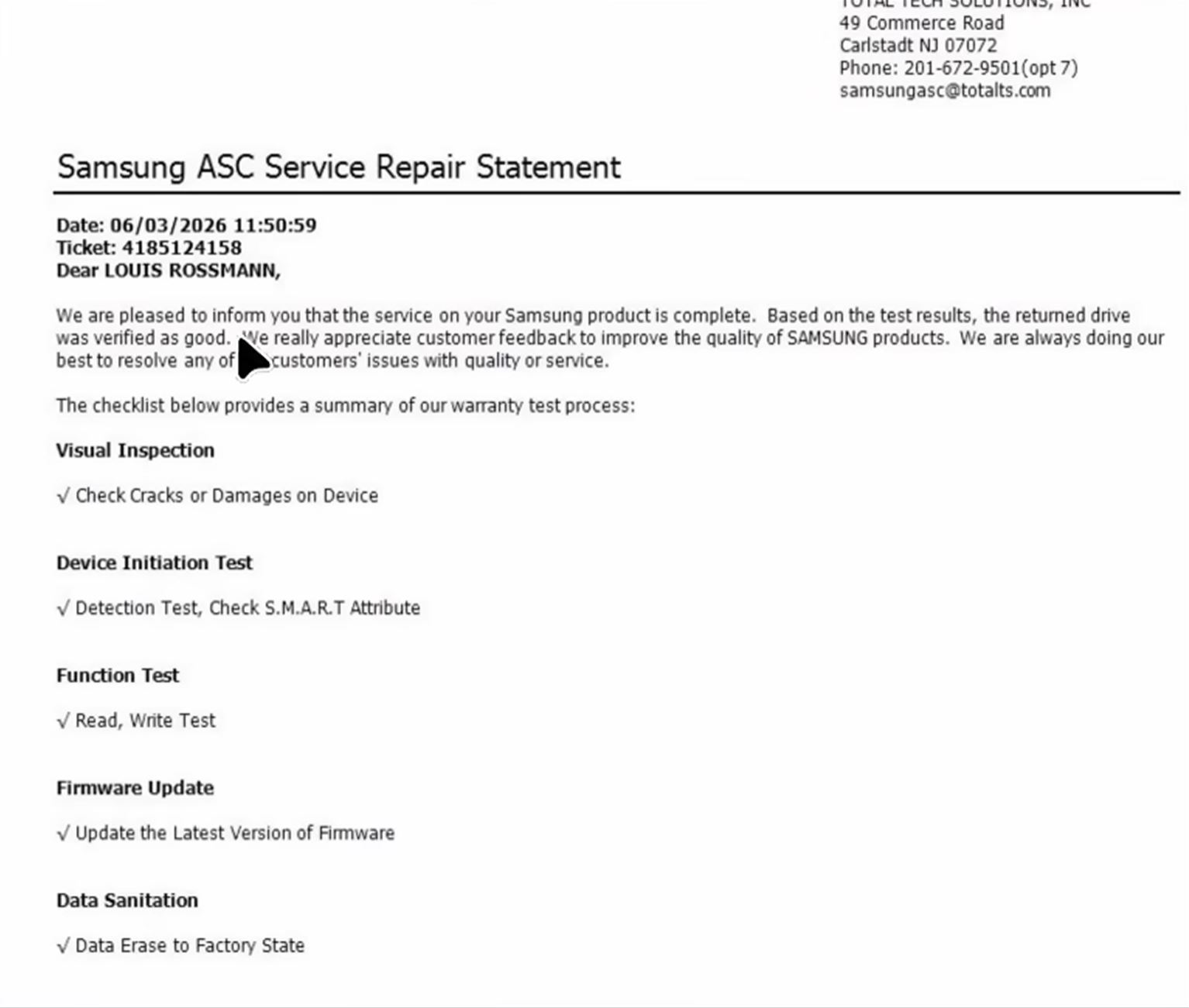 A Samsung ASC service repair statement addressed to Louis Rossmann details a warranty test process including visual inspection, device initiation test, function test, firmware update, and data sanitation.
