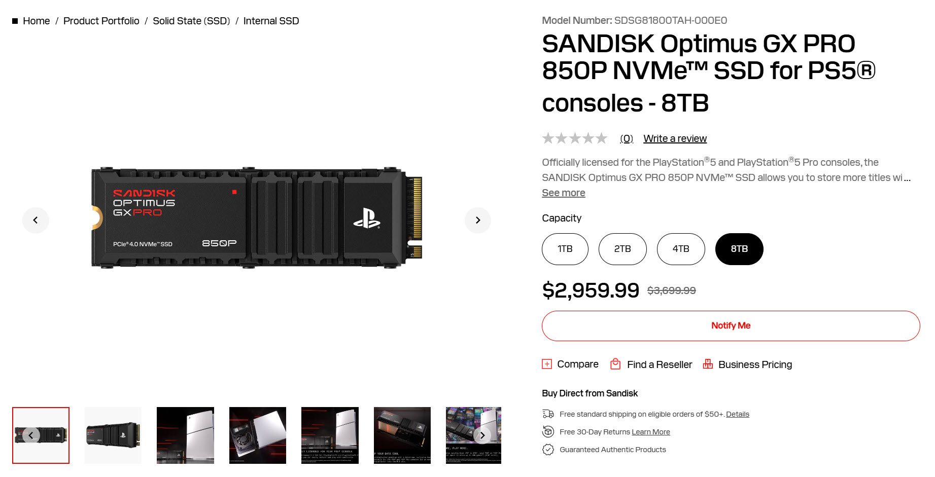 The SanDisk Optimus GX PRO 850P NVMe SSD for PS5 consoles is shown with a capacity of 8TB and priced at $2,959.99.