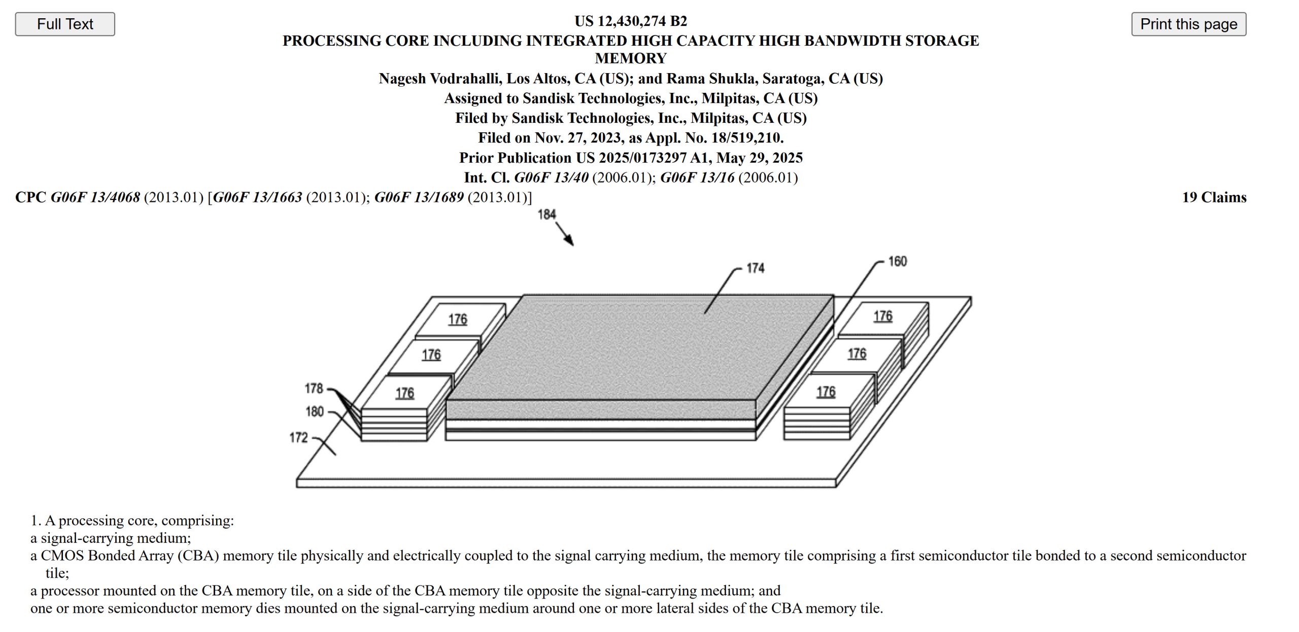 A patent diagram labeled 'US 12,430,274 B2' illustrates a processing core with integrated high capacity, high bandwidth storage memory, assigned to Sandisk Technologies, Inc.