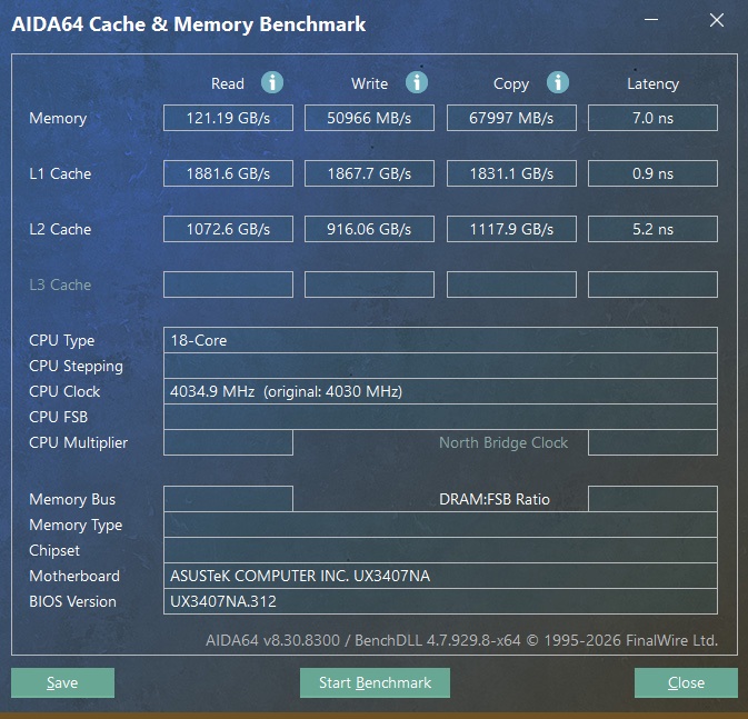 The AIDA64 Cache & Memory Benchmark screen shows ASUS UX3407NA with memory read speed at 121.19 GB/s and CPU clock at 4034.9 MHz.