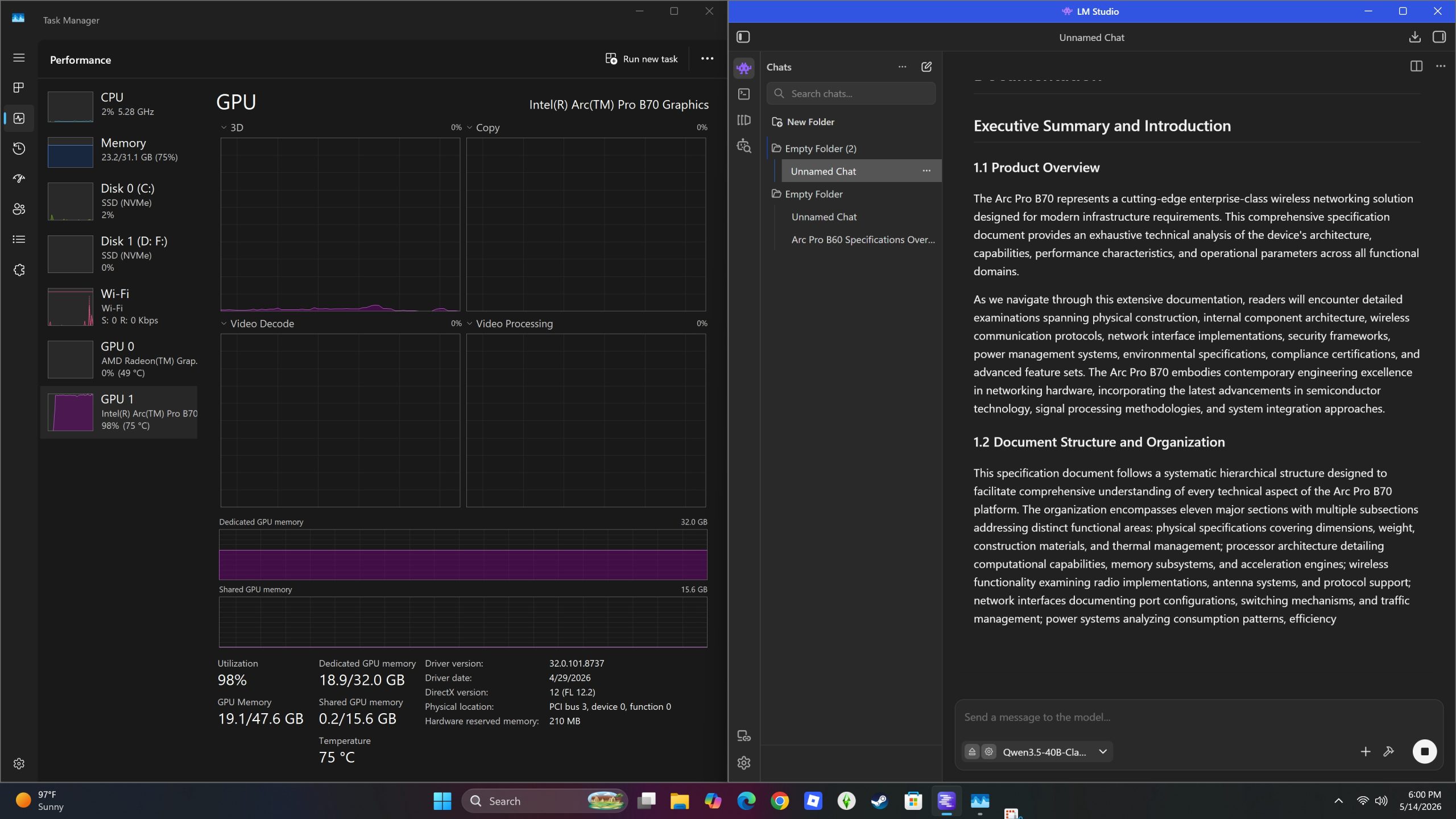 The Windows Task Manager displays the Intel Arc Pro B70 graphics card at 98% utilization and 75°C, next to a document titled 'Executive Summary and Introduction' open in LM Studio on the right screen.