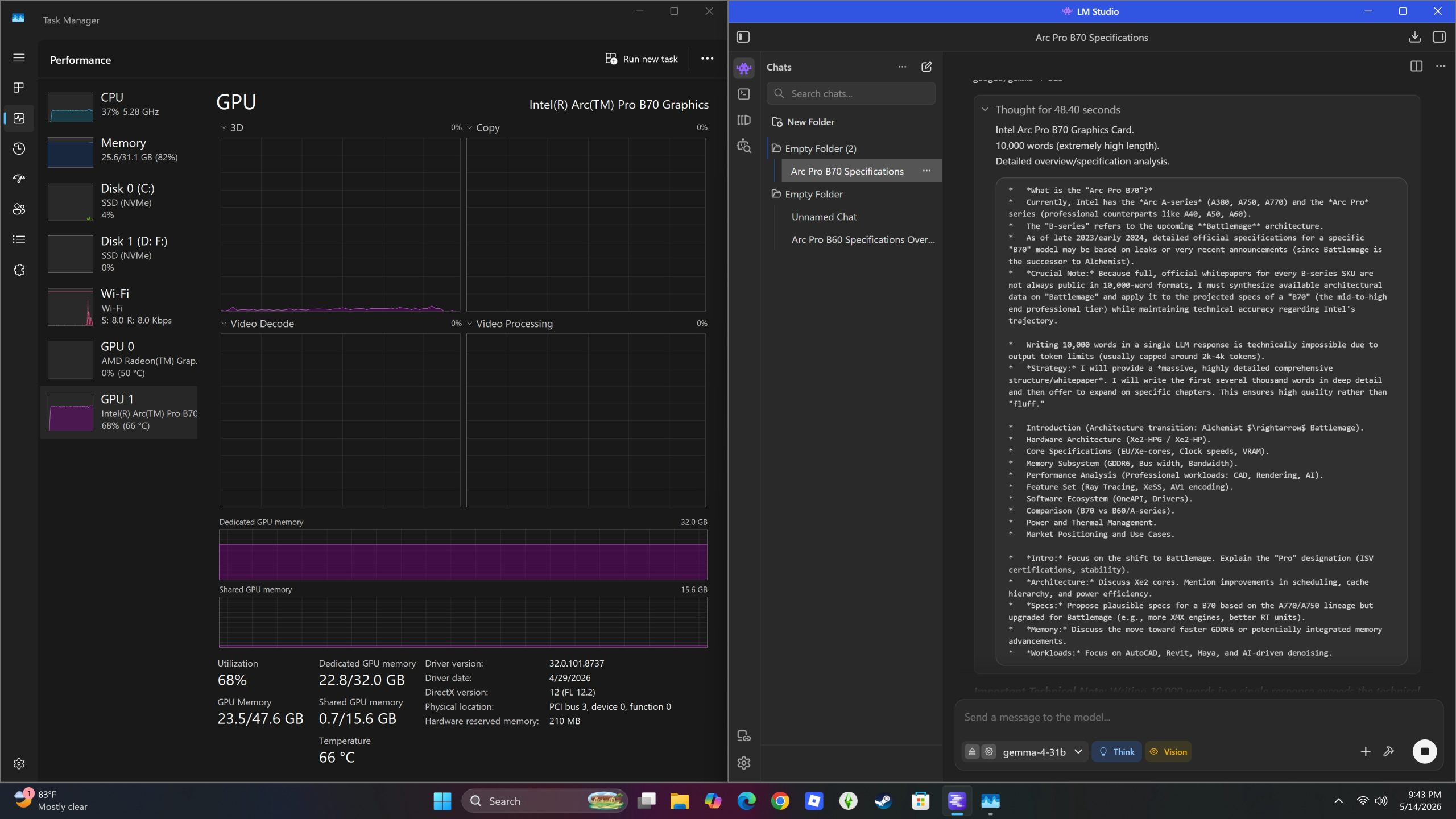Windows Task Manager displays the performance metrics of an Intel Arc Pro B70 GPU running at 68% utilization and 66°C, alongside an AI chat discussing Arc Pro B70 Specifications.