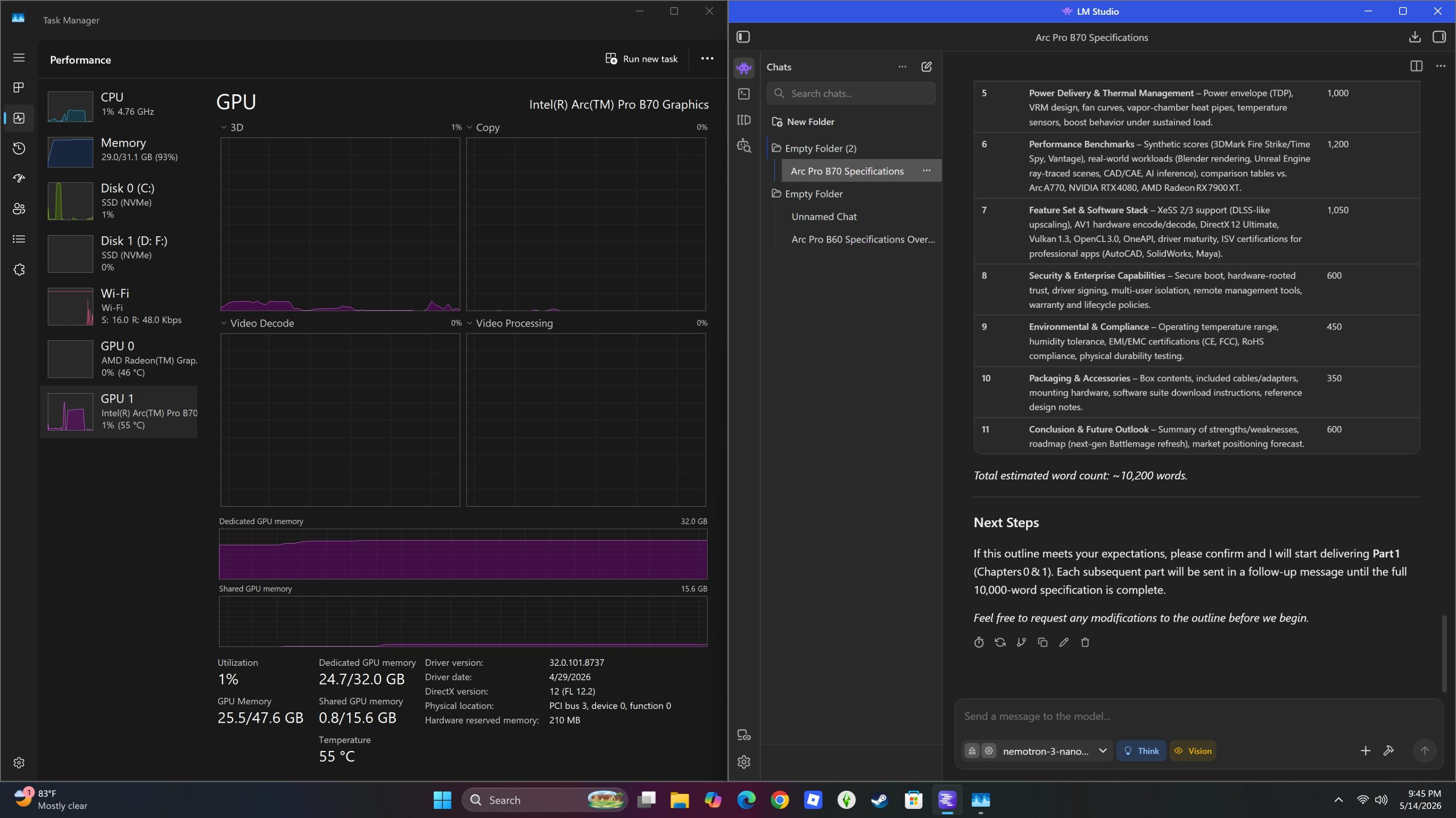 The left screen shows Windows Task Manager highlighting 'Intel(R) Arc(TM) Pro B70 Graphics' usage, while the right screen displays a document titled 'Arc Pro B70 Specifications.'