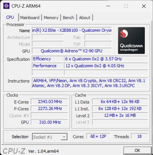 The CPU-Z ARM64 application displays the specs of the Snapdragon X2 Elite X2E88100 processor with a Qualcomm Adreno X2-90 GPU, highlighting '6 x Qualcomm 0x2 @ 3.57 GHz' for efficiency and '12 x Qualcomm 0x2 @ 4.05 GHz' for performance.