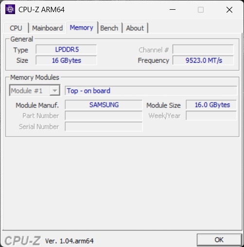 A CPU-Z ARM64 interface displays memory details, showing LPDDR5 with a size of 16 GBytes and a frequency of 9523.0 MT/s, manufactured by Samsung.
