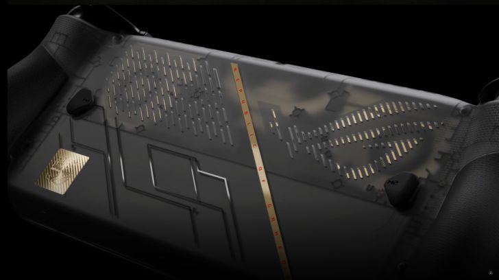 The bottom view of an ASUS Rog Ally handheld gaming console with visible ventilation slots and 'REPUBLIC OF GAMERS' text on a strip.