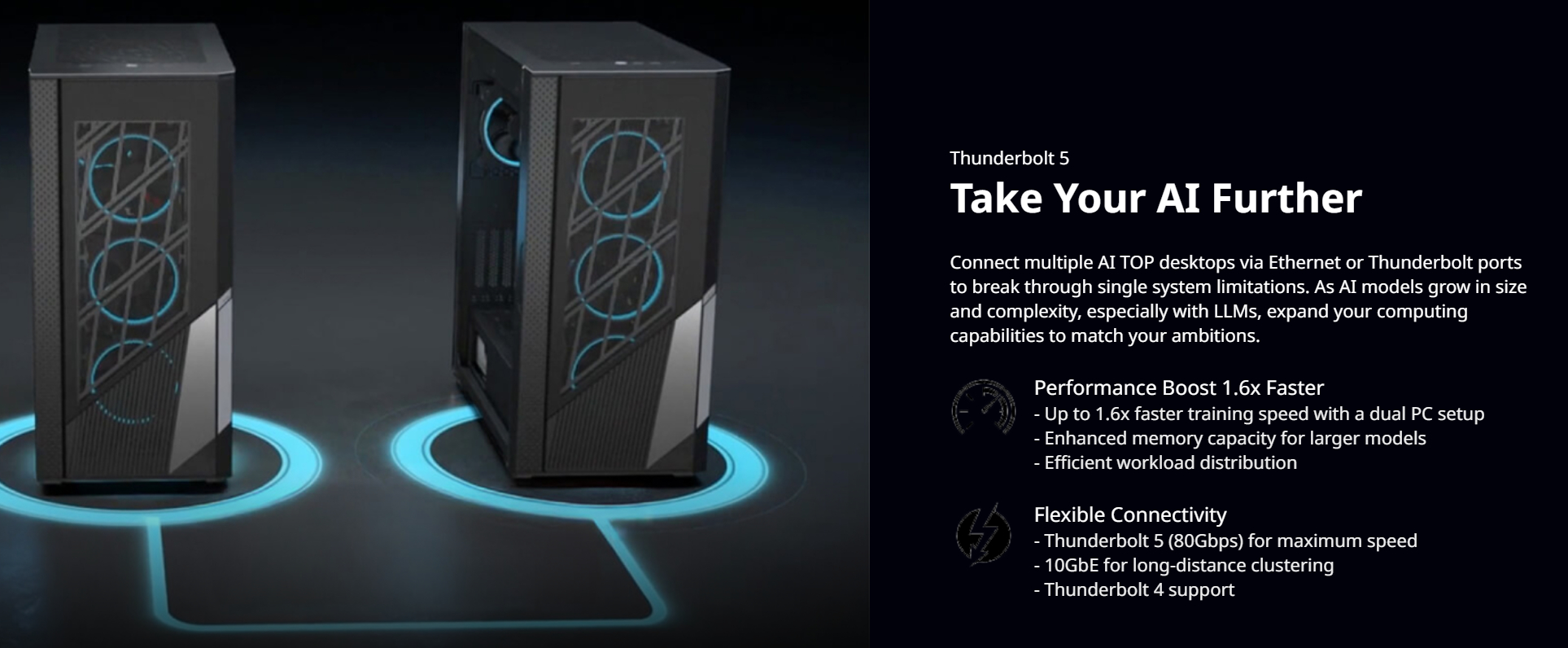 A desktop computer with visible blue LED fans is shown with text describing 'Thunderbolt 5' capabilities, focusing on AI enhancement, performance boost, and flexible connectivity options.