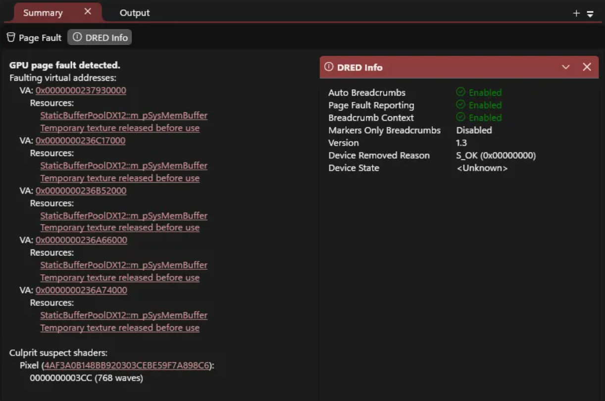 A diagnostic screen displaying 'GPU page fault detected' with faulting virtual addresses and resources in the left panel, alongside 'DRED Info' settings such as 'Auto Breadcrumbs' and 'Page Fault Reporting' marked as enabled on the right.