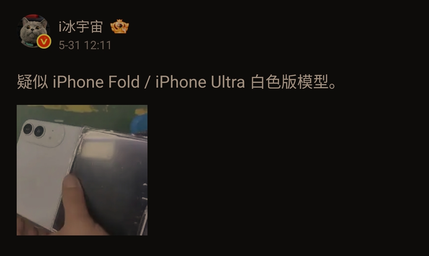 A person holding a white device resembling an iPhone Fold / iPhone Ultra with dual rear cameras, as part of an online post.