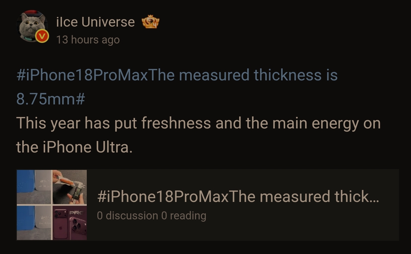 A social media post from Ice Universe mentions '#iPhone18ProMaxThe measured thickness is 8.75mm#' with images of smartphones and a focus on the iPhone Ultra.