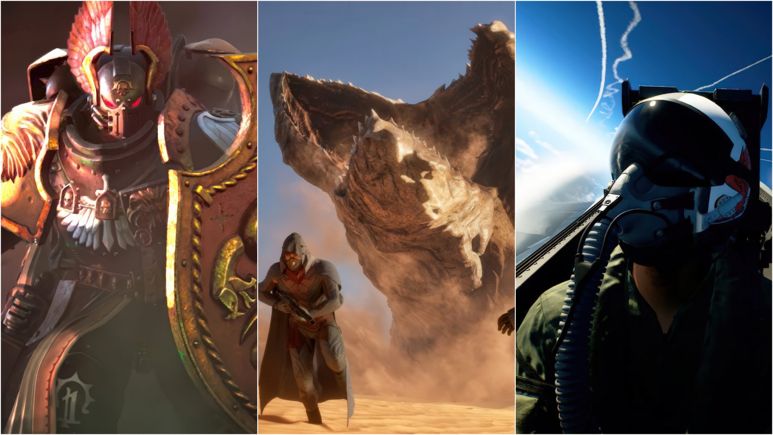 A composite image shows a Warhammer 40,000 character in armor, a cloaked figure facing a giant sand monster, and a pilot in a fighter jet with contrails in the sky.