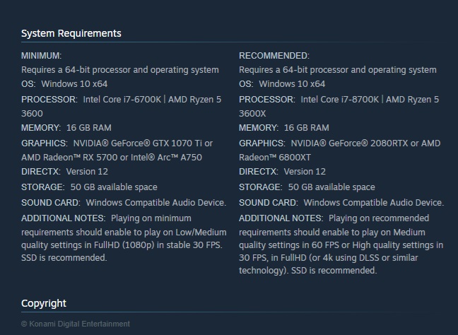 A system requirements graphic from Konami Digital Entertainment shows minimum and recommended specs, including 'OS: Windows 10 x64,' 'Processor: Intel Core i7-6700K | AMD Ryzen 5 3600,' and 'Graphics: NVIDIA GeForce GTX 1070 Ti | AMD Radeon RX 5700' for minimum, with similar upgrades for recommended.