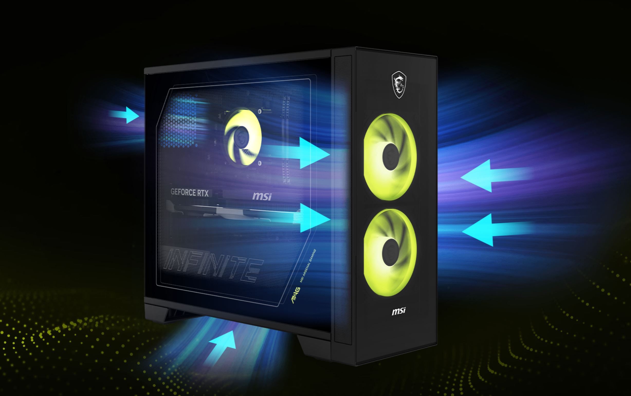 An MSI desktop PC featuring a visible GeForce RTX GPU and front dual fans with airflow direction indicated by blue arrows.