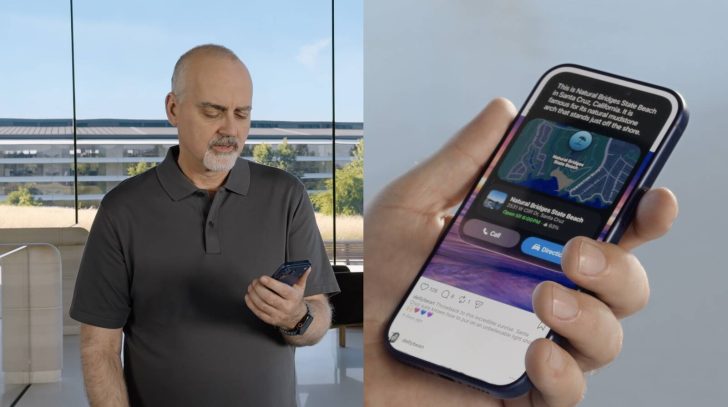A man holding a smartphone displays a screen with a map and information about 'Natural Bridges State Beach' in Santa Cruz, highlighting a call and directions option.