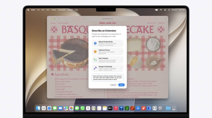 A MacBook screen displays a browser window titled 'Basque Cheesecake' with a pop-up titled 'Describe an Extension' offering options such as 'Boost Productivity' and 'Improve Focus.'