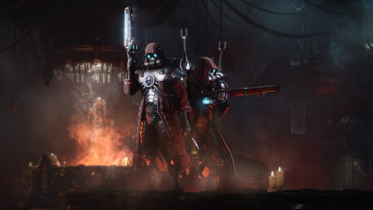Two characters in elaborate cloaks and masks wield futuristic weapons in a dimly lit, industrial setting with smoke and candles.