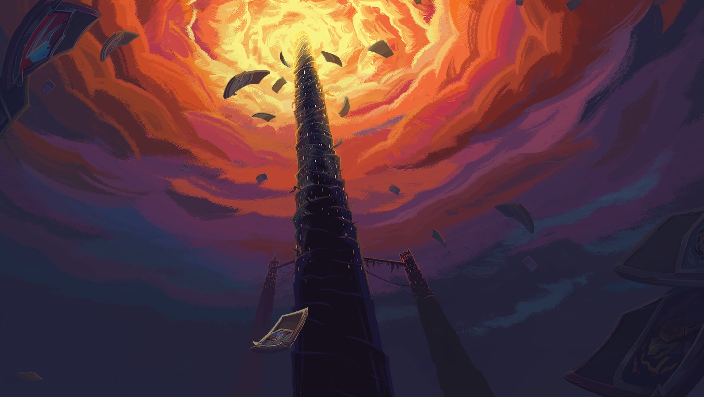 A towering spiral structure reaches toward a swirling, fiery sky, surrounded by floating cards.