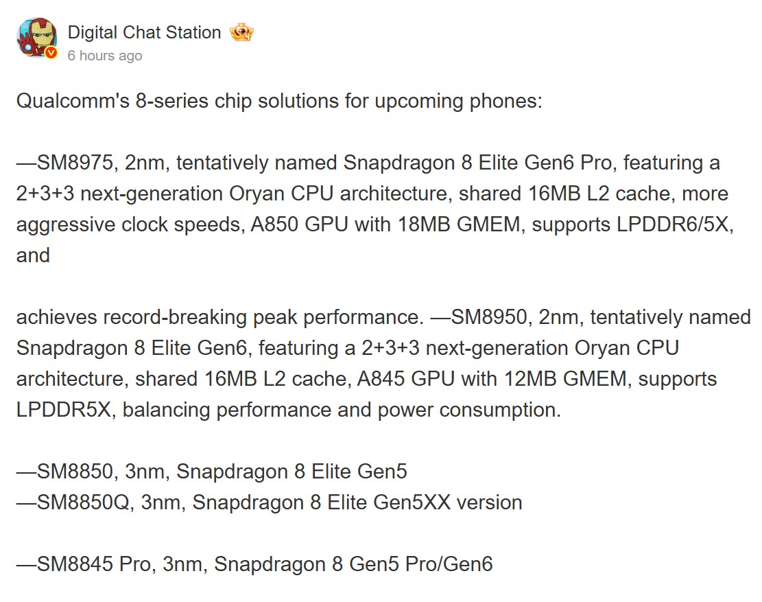 A tipster highlights the primary specifications between the Snapdragon 8 Elite Gen 6 Pro and Snapdragon 8 Elite Gen 6