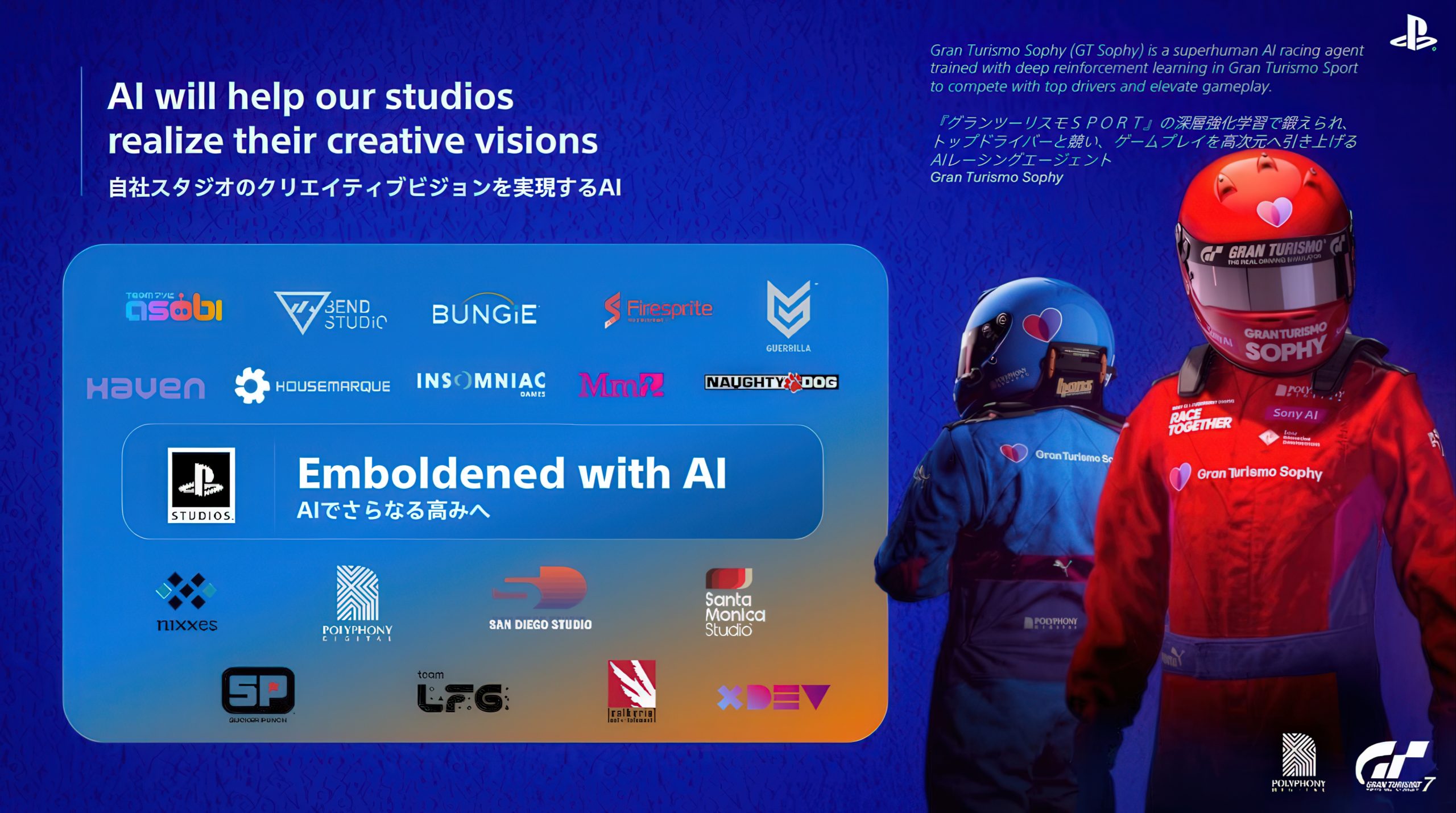 Two figures in race suits labeled 'Gran Turismo Sophy' and 'Race Together' stand beside brand logos including PlayStation Studios, Bungie, and Naughty Dog with the text 'Emboldened with AI'.