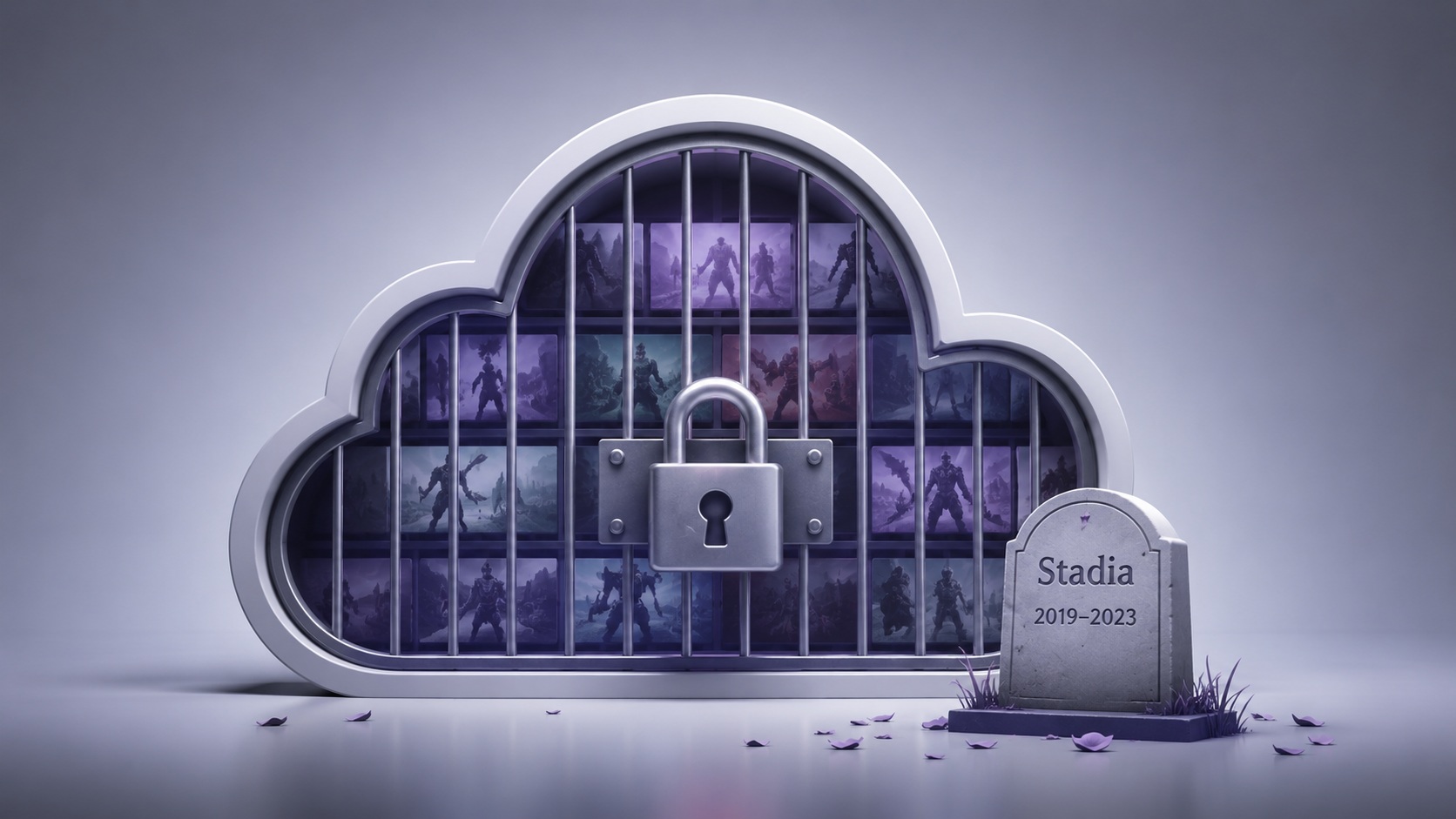 An illustration features a cloud-shaped lock filled with gaming images, alongside a gravestone that reads Stadia 2019–2023.