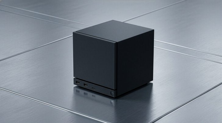 A Steam Machine device with multiple ports is placed on a metallic surface.