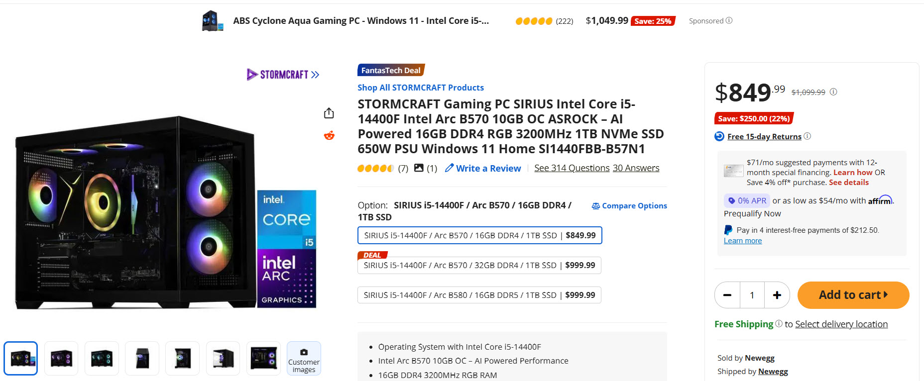 A STORMCRAFT gaming PC with Intel Core i5-14400F, Intel Arc B570, and 16GB DDR4 RGB 3200MHz RAM is listed for $849.99 on Newegg, featuring a colorful illuminated case and pricing details.