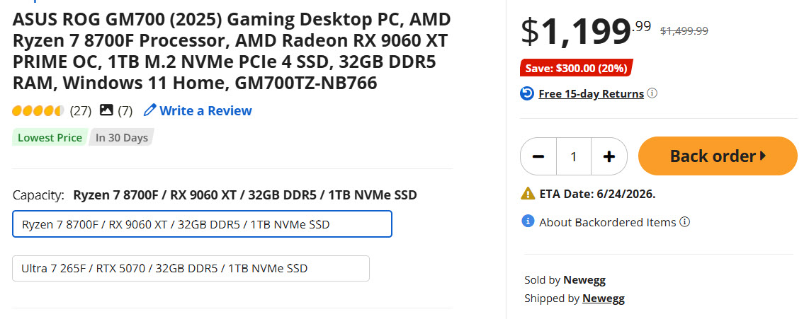 An ASUS ROG GM700 (2025) gaming desktop PC is listed on Newegg for $1,199.99, featuring an AMD Ryzen 7 8700F processor, AMD Radeon RX 9060 XT PRIME OC graphics, 32GB DDR5 RAM, and a 1TB M.2 NVMe PCIe 4 SSD with an ETA date of June 24, 2026.