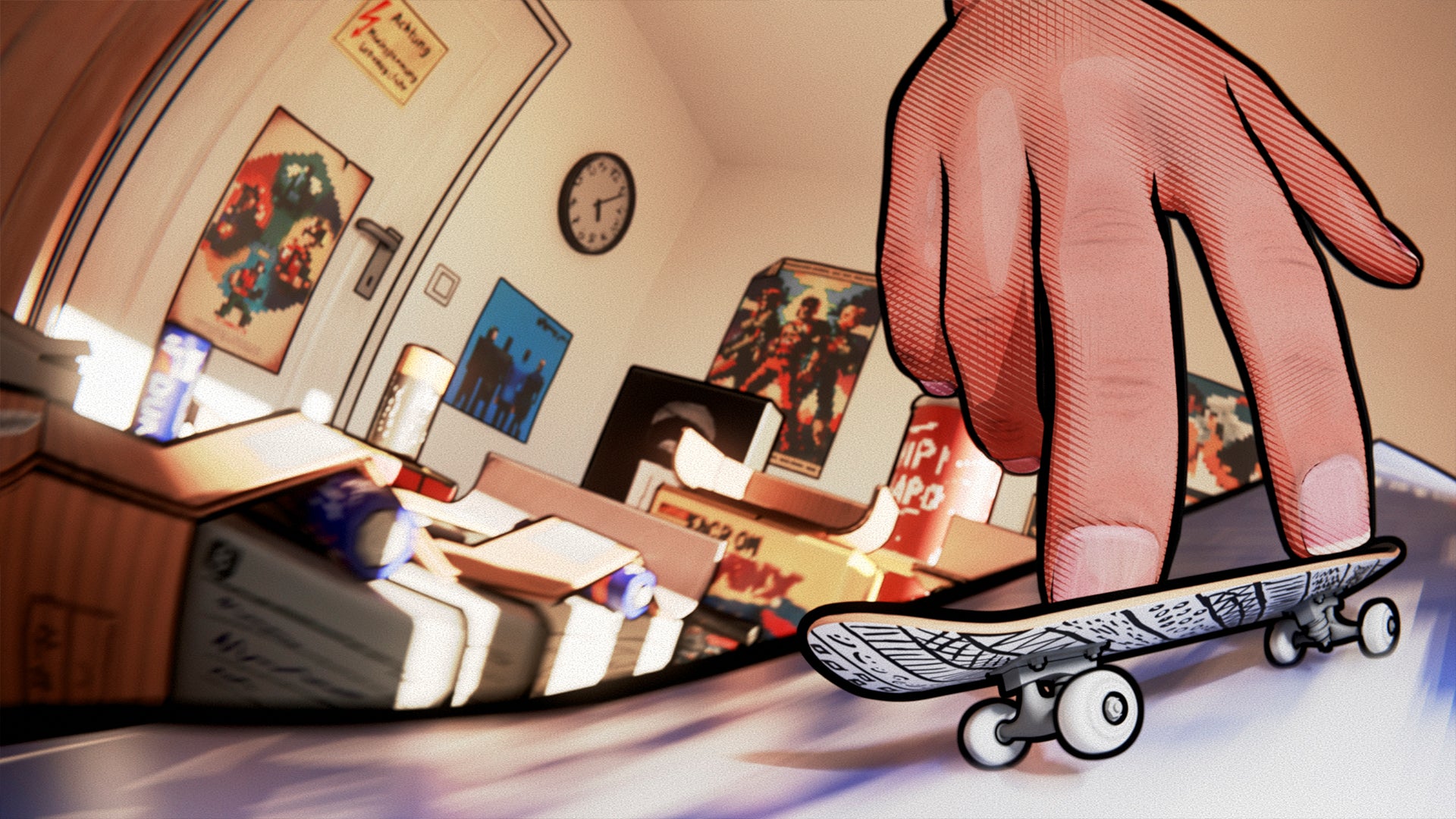 A stylized hand maneuvers a finger skateboard across a cluttered desk in a room with various posters, including one labeled 'Taco on Speed.'