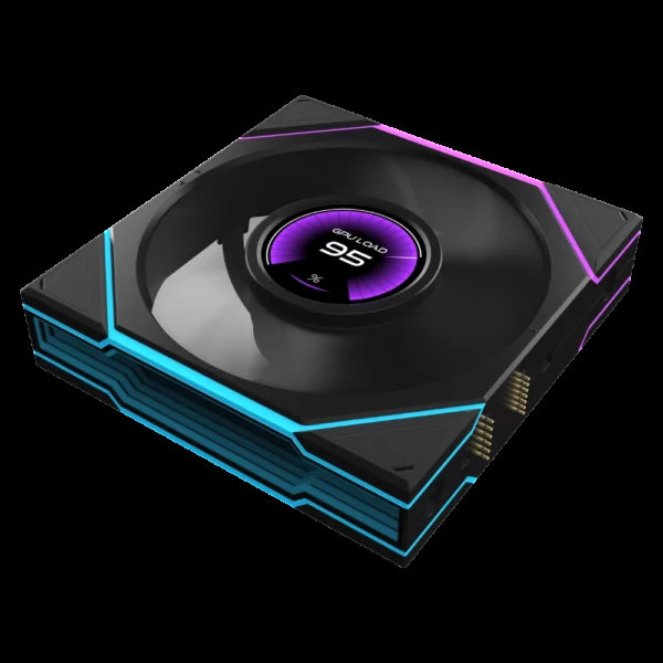 A rendering of a futuristic cooling device displays a central screen with the text 'GPU Load 95%'.