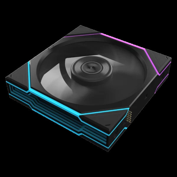 A black IceGiant cooling fan with RGB lighting in blue and pink accents.