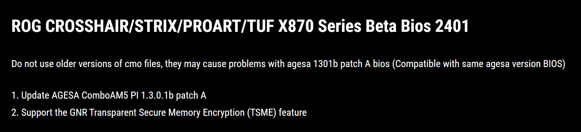 Text displaying 'ROG CROSSHAIR/STRIX/PROART/TUF X870 Series Beta Bios 2401' with instructions on updating AGESA ComboAM5 PI 1.3.0.1b patch A and supporting the GNR Transparent Secure Memory Encryption (TSME) feature.