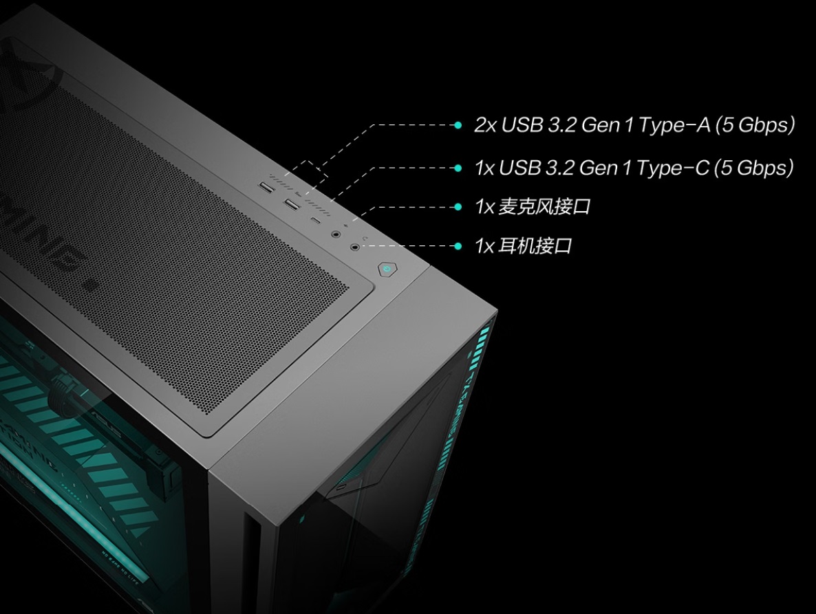 A computer case top panel is shown with annotations marking '2x USB 3.2 Gen 1 Type-A (5 Gbps)' and '1x USB 3.2 Gen 1 Type-C (5 Gbps)' ports.