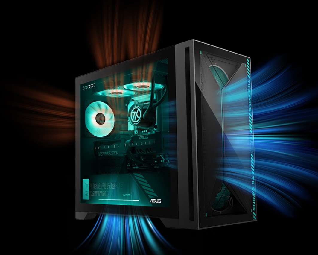 An ASUS gaming PC showcasing RGB cooling fans and a GeForce RTX graphics card, with airflow visuals highlighting the case's ventilation system.