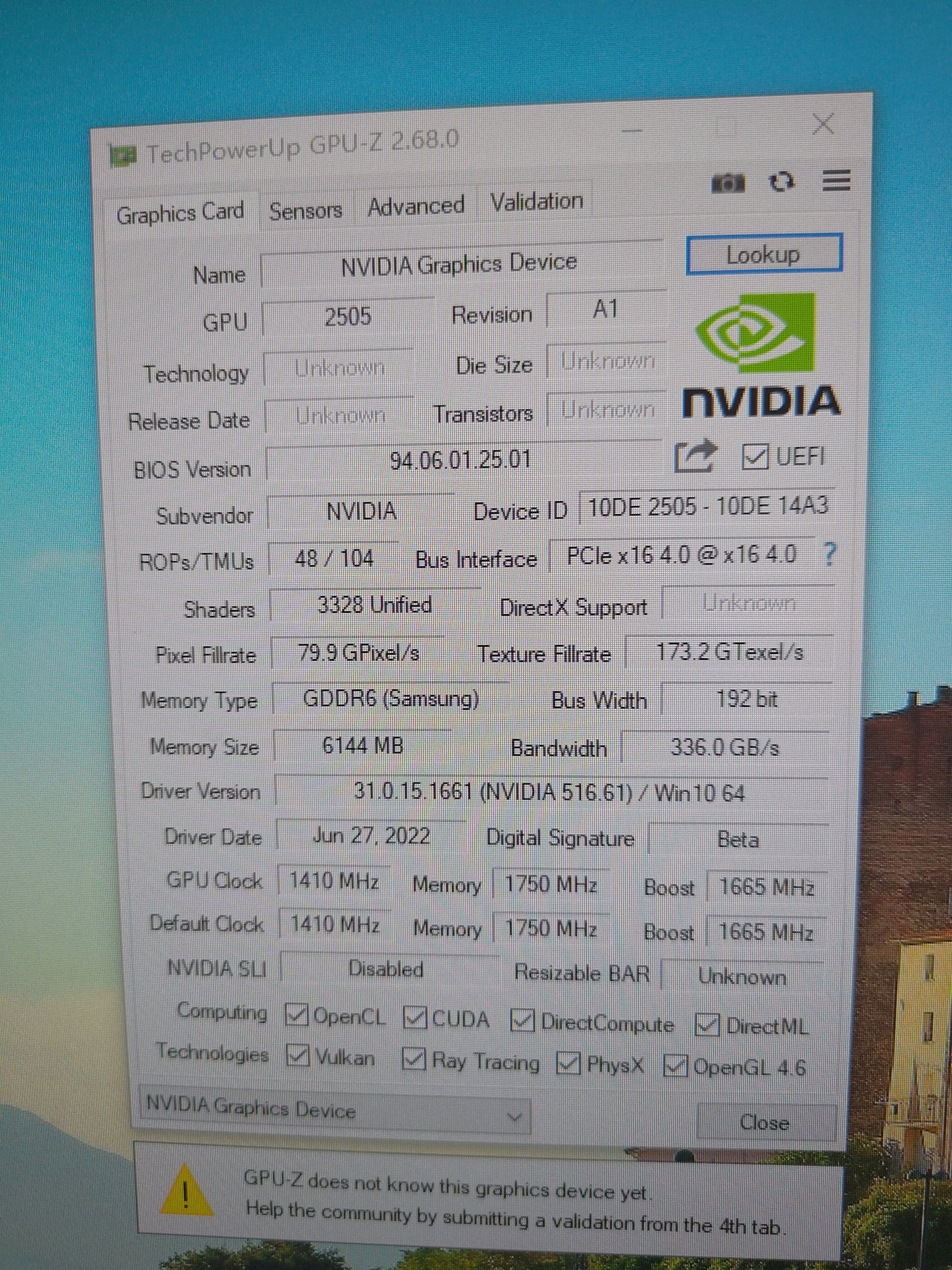 A TechPowerUp GPU-Z 2.68.0 window displays details of an NVIDIA Graphics Device with 'GPU 2505', GDDR6 Samsung memory of 6144 MB, under 'Driver Version 31.0.15.1661 (NVIDIA 516.61)'.