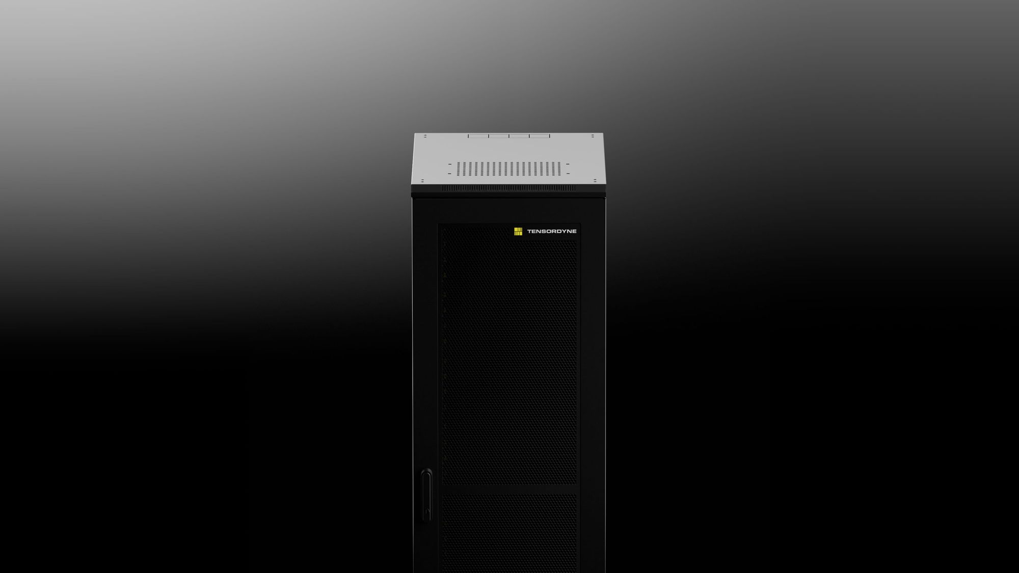 A black server rack with a 'Tensordyne' logo on the front, set against a gradient background.