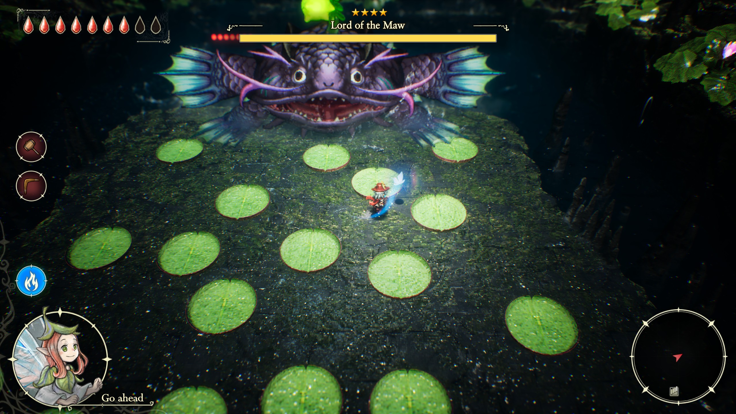 A character in The Adventures of Elliot The Millennium Tales battles the 'Lord of the Maw' in a forest setting, with green circles on the ground and a health bar indicating combat progress.