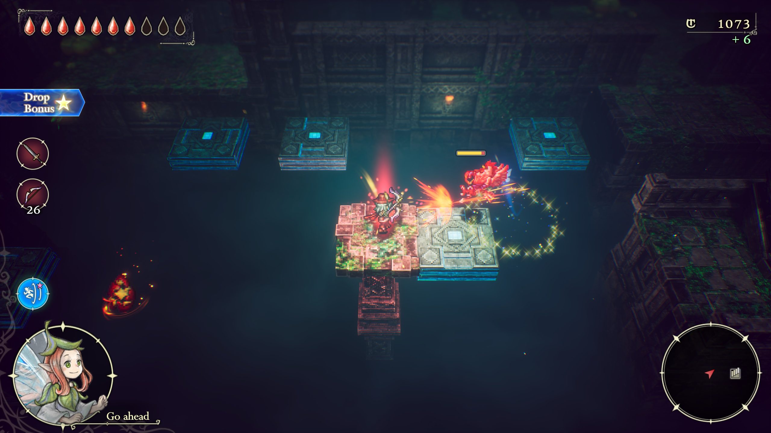 A fantasy character in The Adventures of Elliot The Millennium Tales with a bow faces a glowing red enemy on floating platforms in a dimly lit dungeon, with on-screen text reading 'Drop Bonus' and a character icon in the bottom left corner.