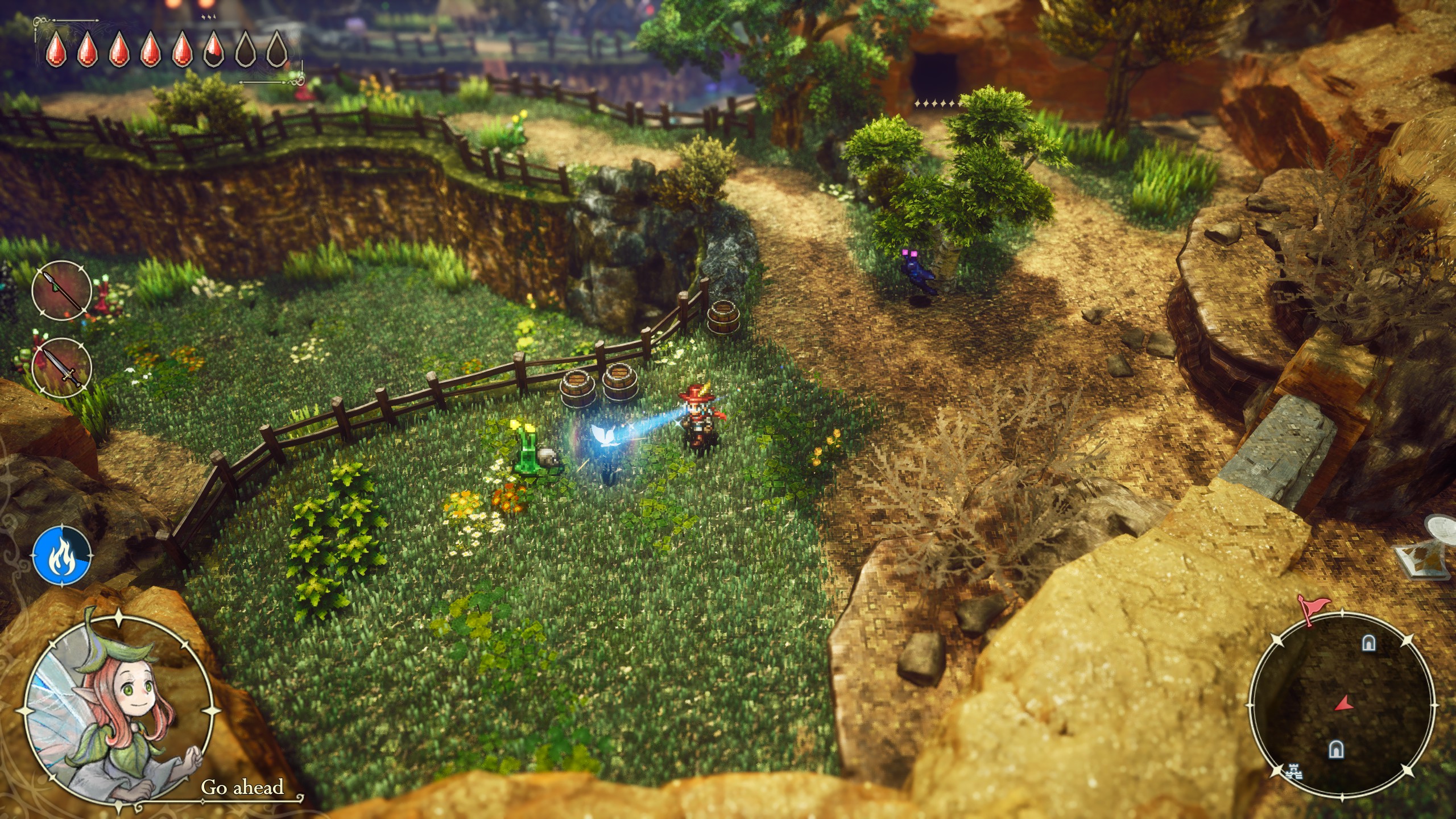 A character in the game The Adventures of Elliot The Millennium Tales stands near a glowing blue object with an interface displaying health and map in the top left and bottom right corners, and the text 'Go ahead' at the bottom.
