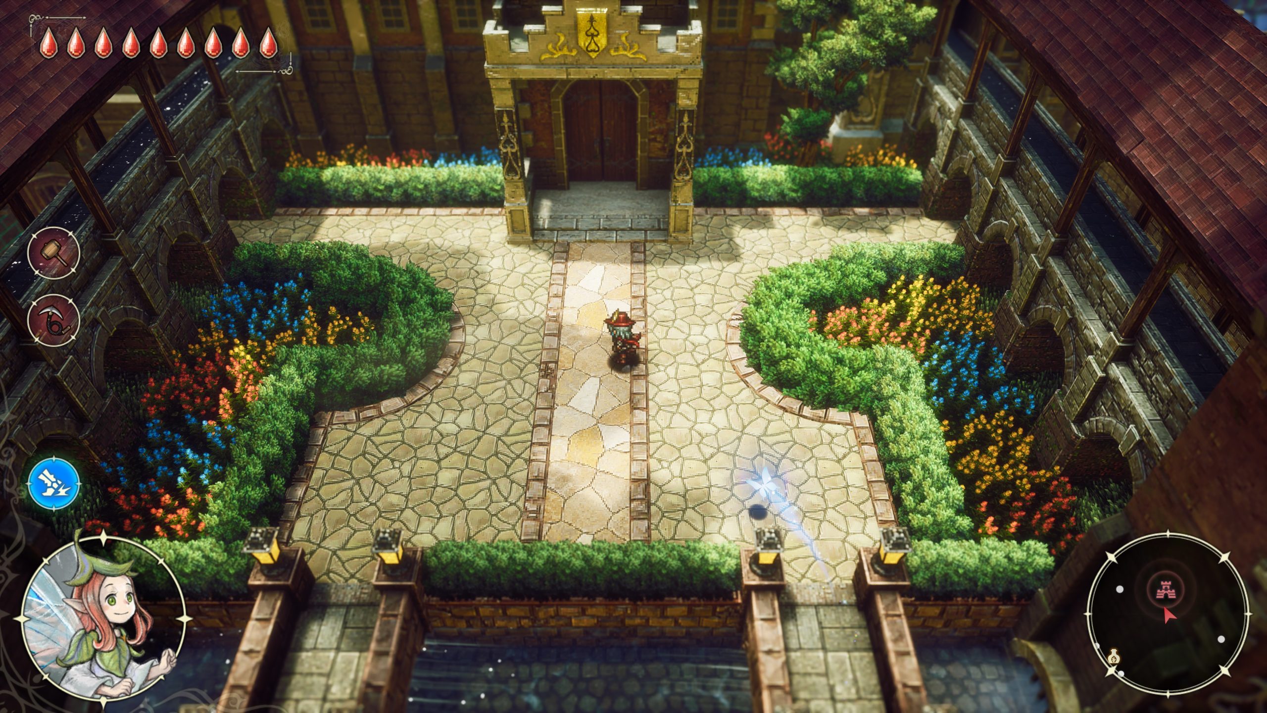 A character in an overhead view navigating a courtyard surrounded by colorful flowers in The Adventures of Elliot The Millennium Tales with health icons and a character portrait visible on the interface.