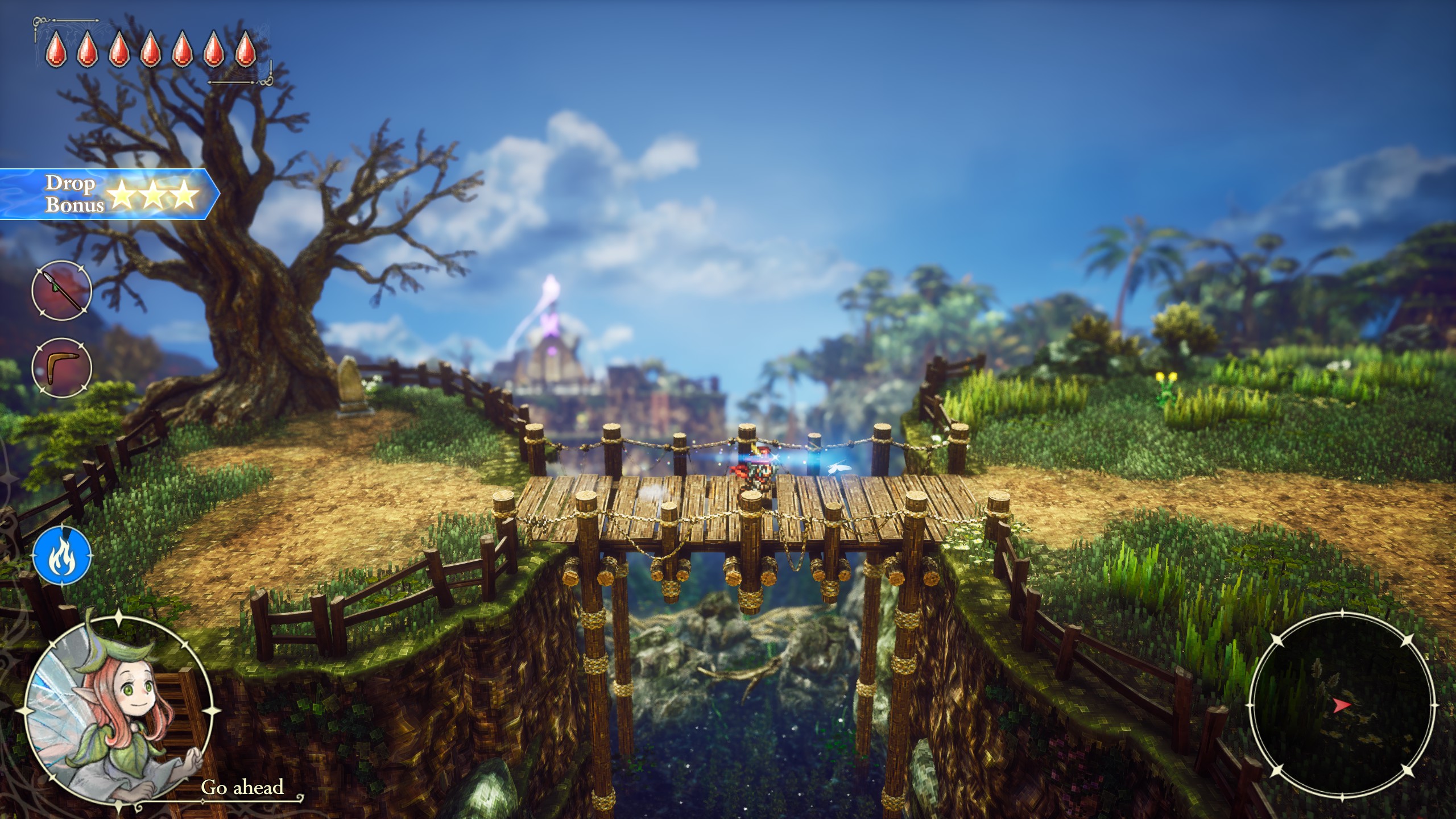 A character in The Adventures of Elliot: The Millennium Tales stands on a wooden bridge with a tree in the background, alongside UI elements displaying 'Drop Bonus ★★★' and 'Go ahead.'