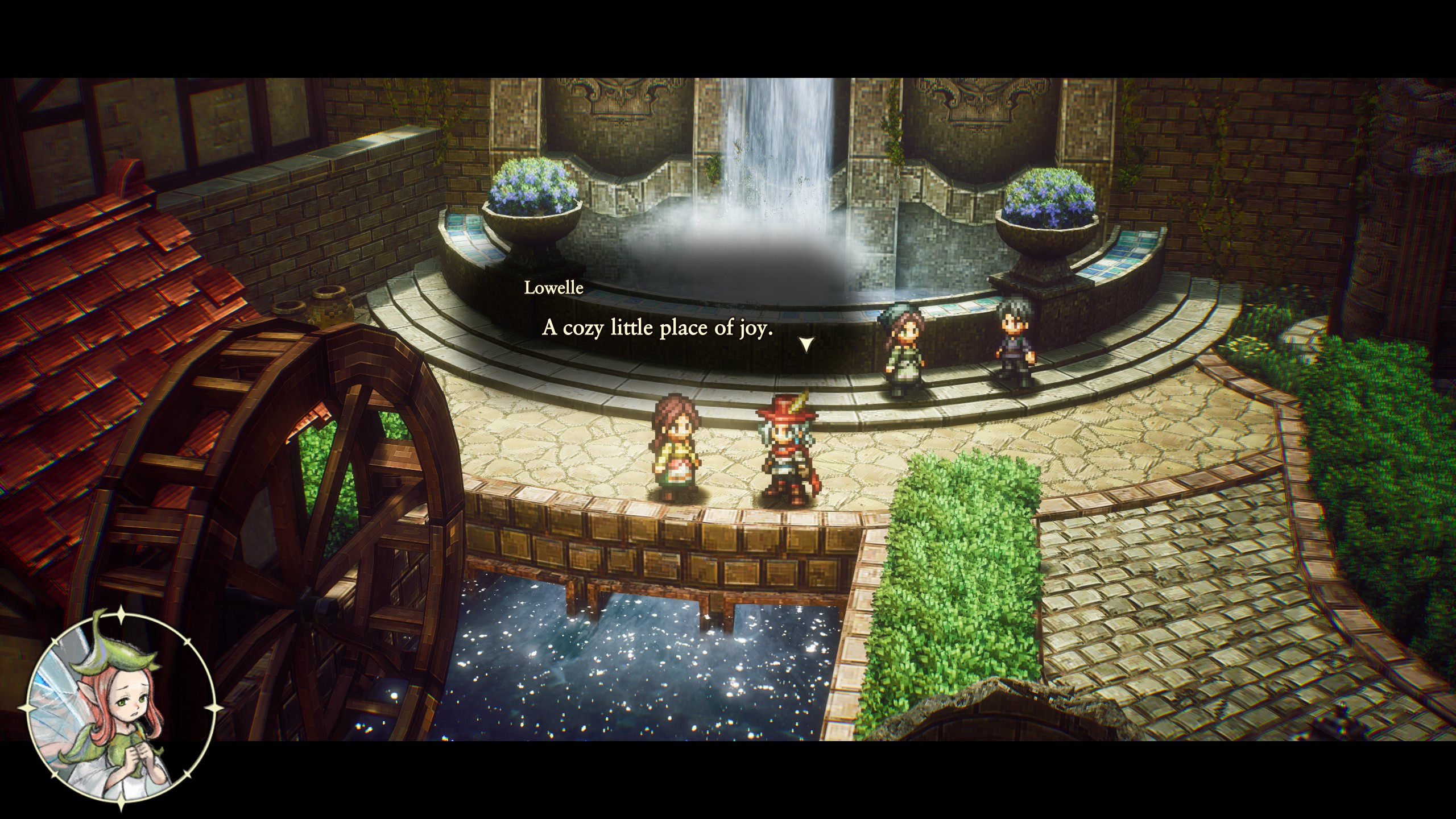 In the game 'The Adventures of Elliot: The Millennium Tales,' characters are standing in front of a waterfall with text saying 'Lowelle: A cozy little place of joy.'